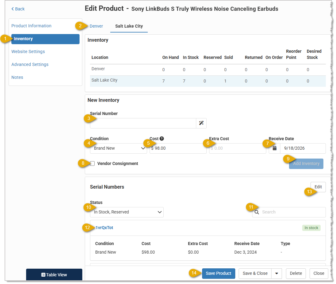 Image showing serialized inventory options in the Edit Product page of the Jewel360 system.
