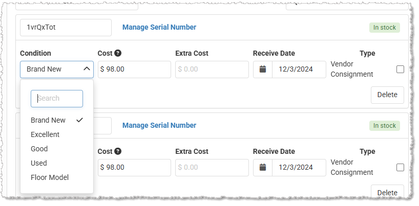 Image showing the Edit view of the Serial Numbers area of the Inventory tab of the Edit Product page in the Jewel360 system.