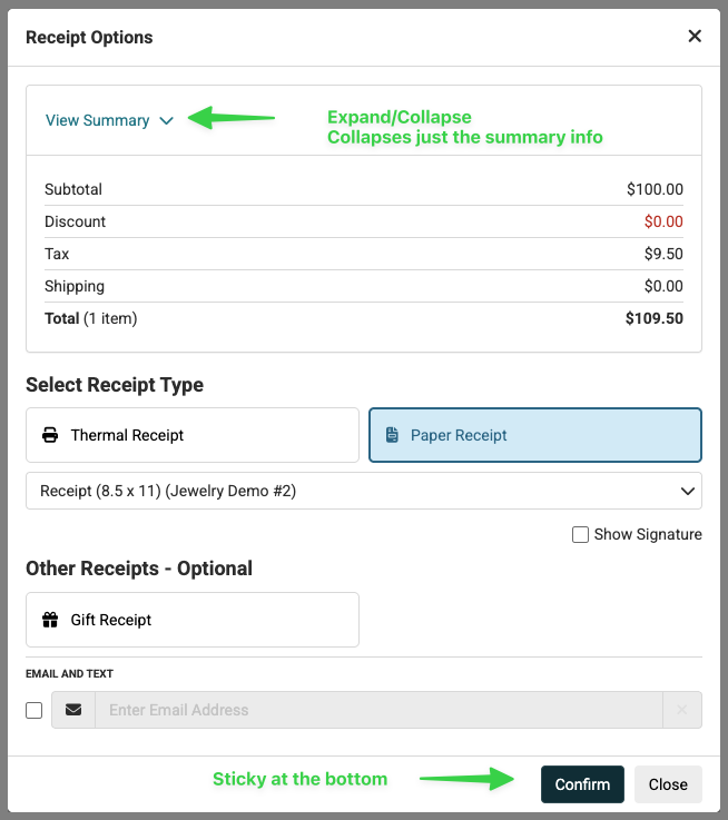 Image showing updates to the Print Receipt window in the Jewel360 POS.
