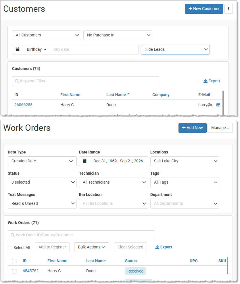 Image showing UI modernization examples from the Jewel360 Customers list page and the Work Orders list page.