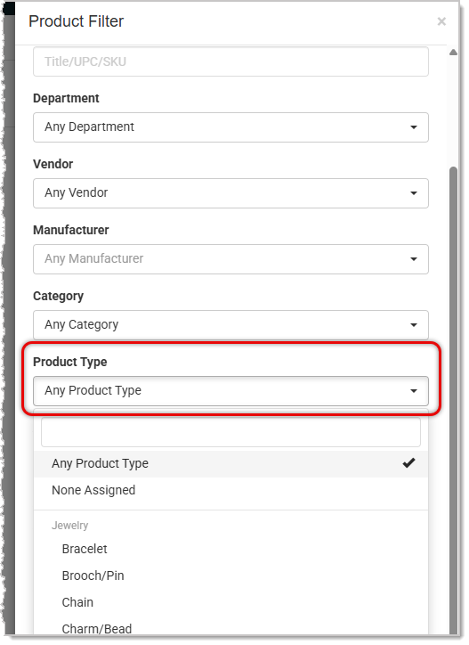 Product Type Filter