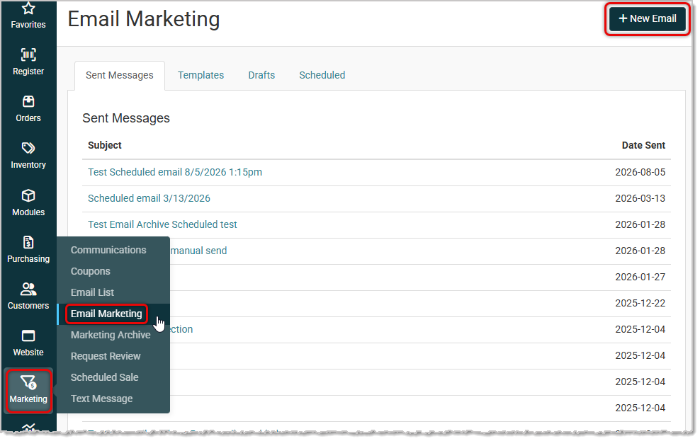Image showing the Marketing menu with Email Marketing highlighted and the +New Email button highlighted on the Email Marketing page of the Jewel360 system.