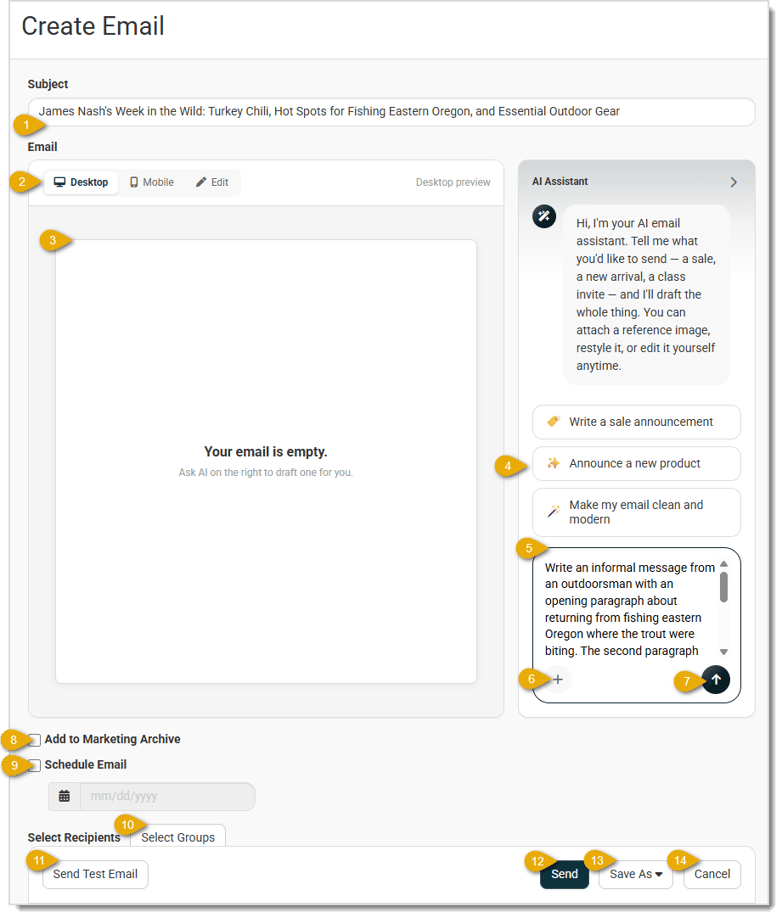 Image showing the Create Email page of the Jewel360 system with key features highlighted.