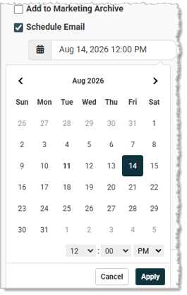 Image showing the date and time picker for the Create Email page of the Jewel360 system.