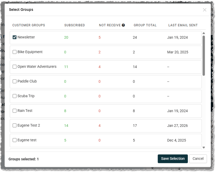Image showing the Select Groups window of the Create Email page in the Jewel360 system.