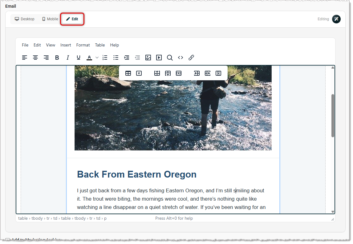 Image showing the content editor of the Create Email page in the Jewel360 system.