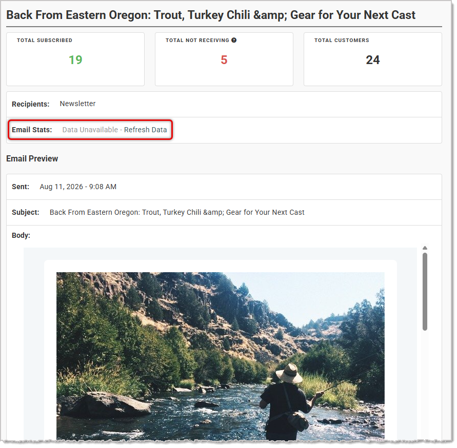 Image showing a sent email message from the Email Marketing page of the Jewel360 system.