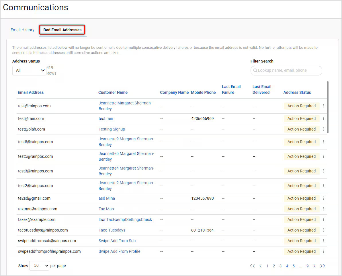 Image showing the Bad Email Addresses tab in the Communications module in the Jewel360 system.