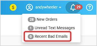 Image showing Recent Bad Emails in the Notification Bell menu linking to the Communications module in the Jewel360 system.