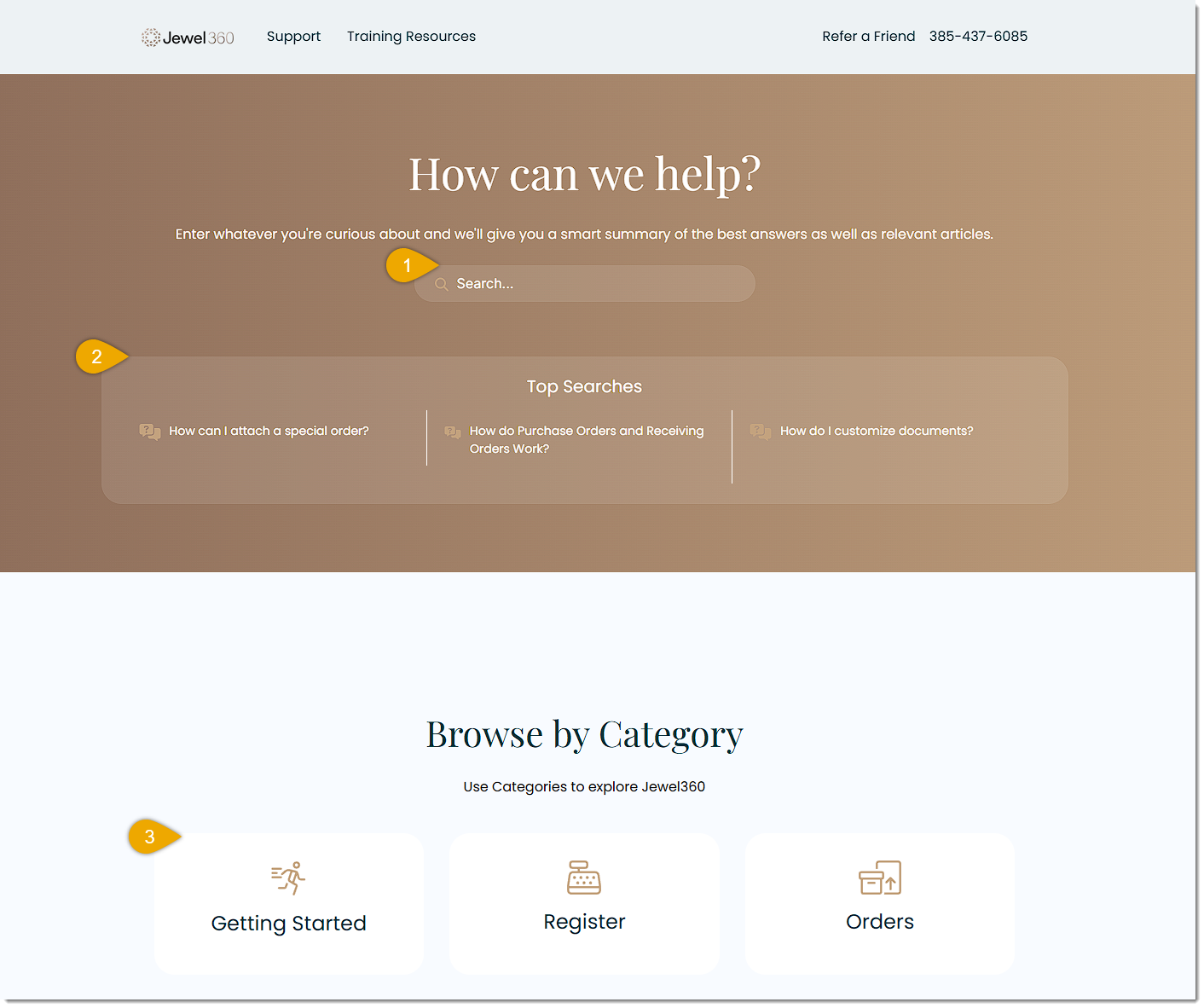 Image showing the home page of the knowledge base with key features highlighted.