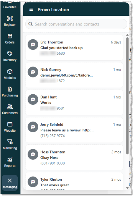 Image showing the conversation history in the Messaging Assistant for a Jewel360 system store.