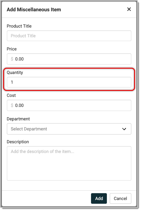 Image showing the Quantity field of the Add Miscellaneous Item window of the Jewel360 system Register and Work Order modules.