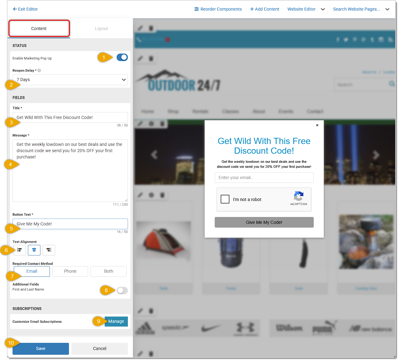 Image showing the Content tab of the Marketing Pop Up website module.