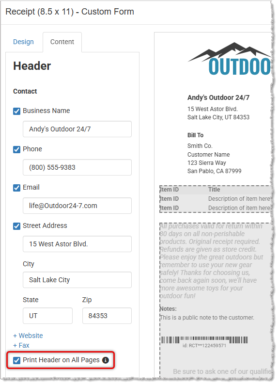 option to print header on all pages form style rct