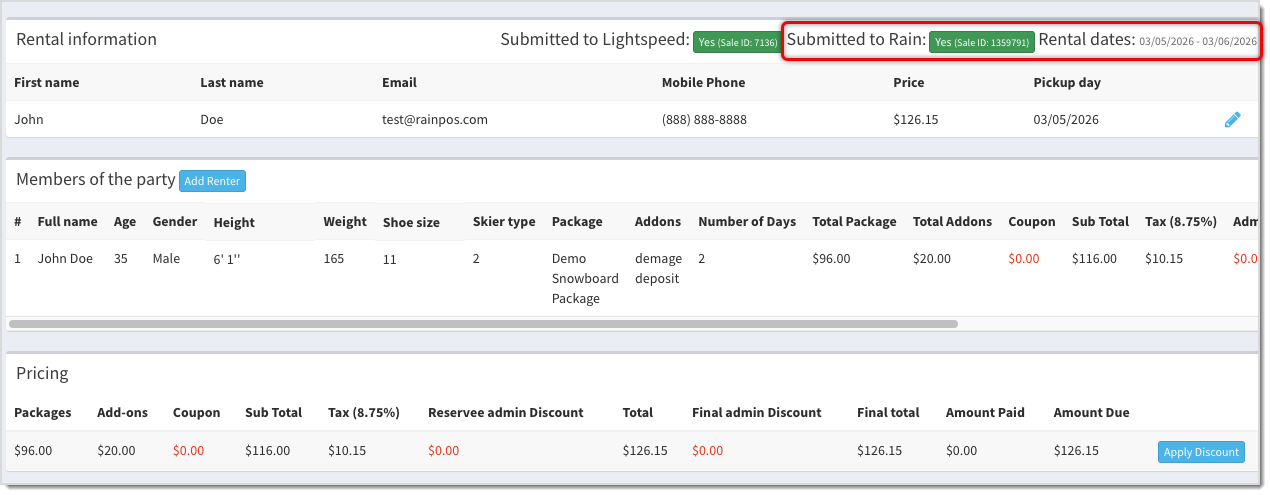 Image showing a rental in Rezo that has synced to an Invoice in the Jewel360 system.
