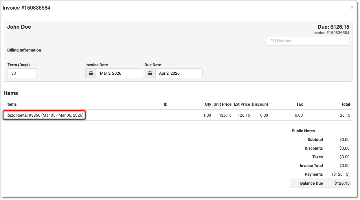 Image showing an invoice in the Jewel360 system created through the Rezo integration.