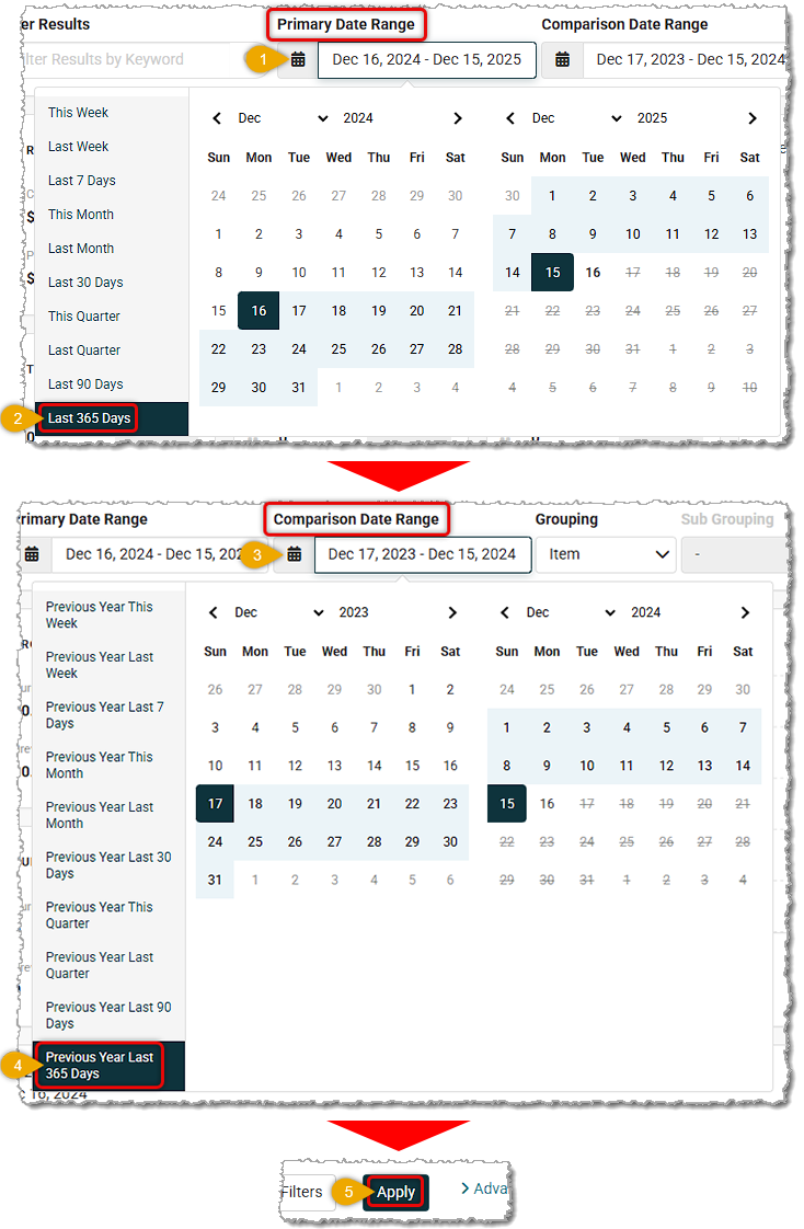 Image showing the comparison date range selection process in the Sales Comparison Report of the Jewel360 system.