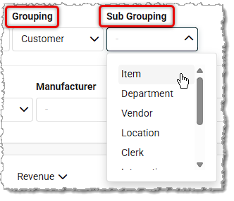 Image showing the Grouping and Sub-Grouping filters of the Sales Comparison Report in the Jewel360 system.