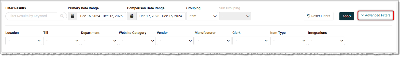 Image showing the Advanced Filters of the Sales Comparison Report in the Jewel360 system.