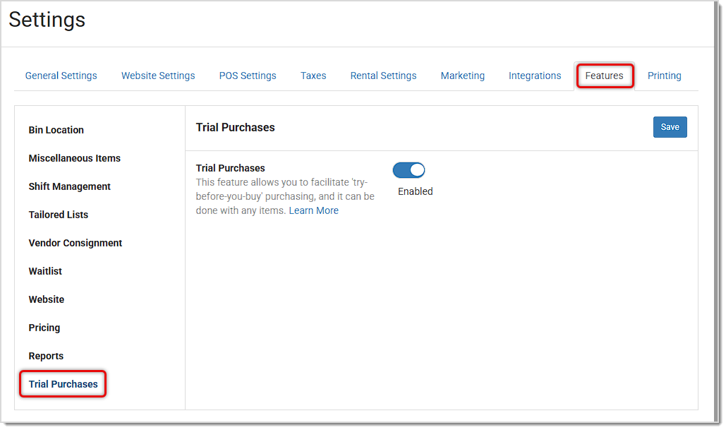 Image showing the Features tab of Settings with the Trial Purchases area highlighted in the Jewel360 system.