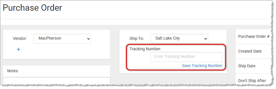 Image showing the Tracking Number area for purchase orders.