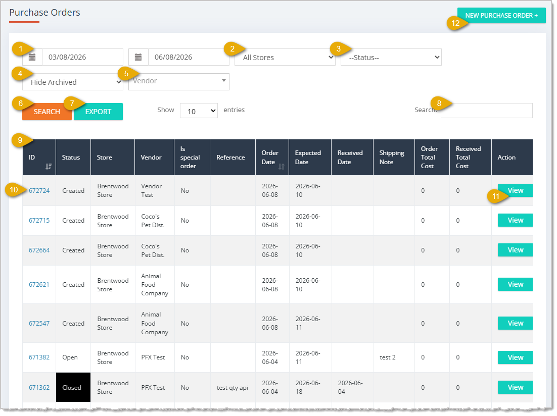 Image showing the Purchase Orders page of the Jewel360 system with key features highlighted.