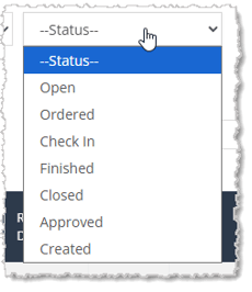 Image showing the Purchase Orders page Status filter in the Jewel360 system.