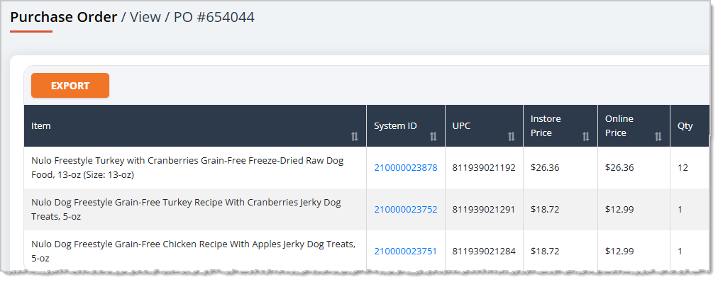Image showing the View page for a Purchase Order in the Jewel360 system.