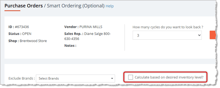 Image showing how to populate a purchase order using desired inventory level in the Jewel360 system.